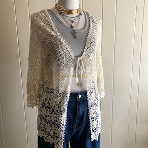 Vintage 1990s Handmade Cream Crochet Cardigan Sweater Womens Size M